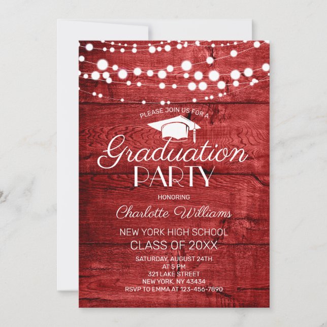 Convites Rustic Red  Wood Graduation Party (Frente)