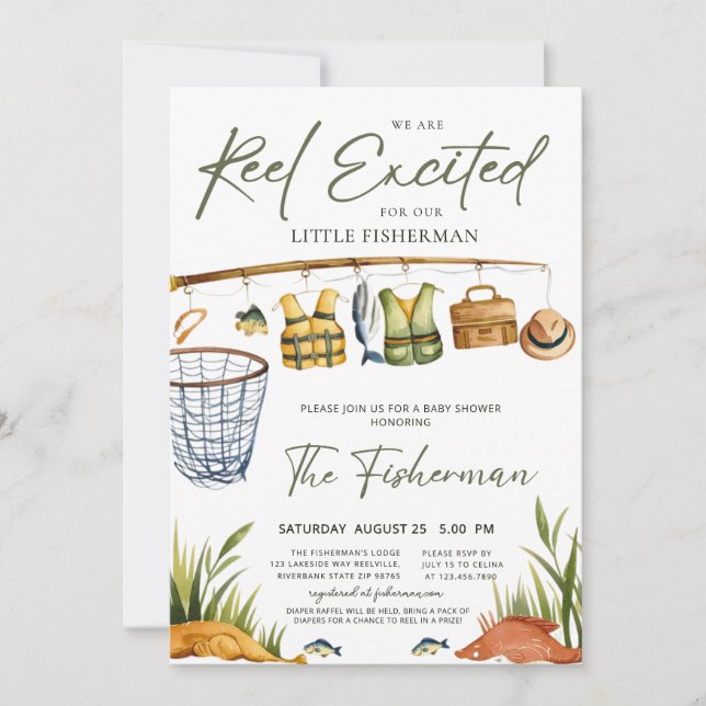 Convites Rustic Reel Excited Little Fisherman Baby Shower  (Frente)