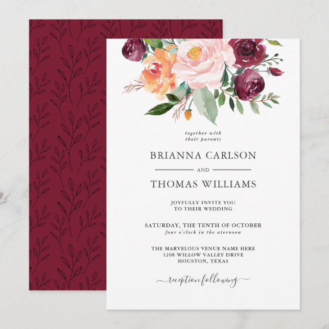 Convites Rustic Romance Burgundy e Casamento Floral Rosa (Frente/Verso)