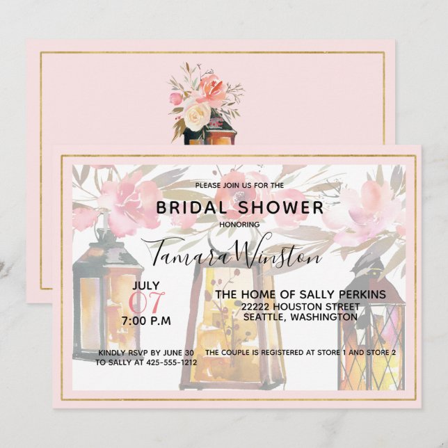 Convites Rustic Romance Lanternas Rosa Chá de panela Dourad (Frente/Verso)