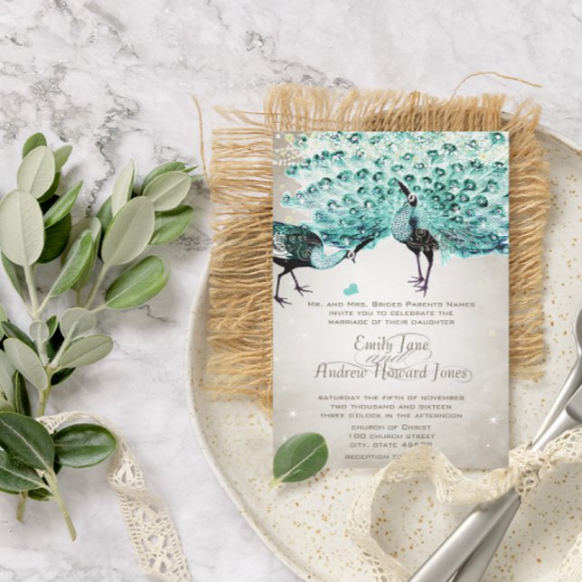 Convites Rustic Romantic Mason Jar Mint Peacock Casamento (Criador carregado)
