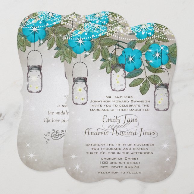 Convites Rustic Romantic Mason Jar Teal Aqua (Frente/Verso)