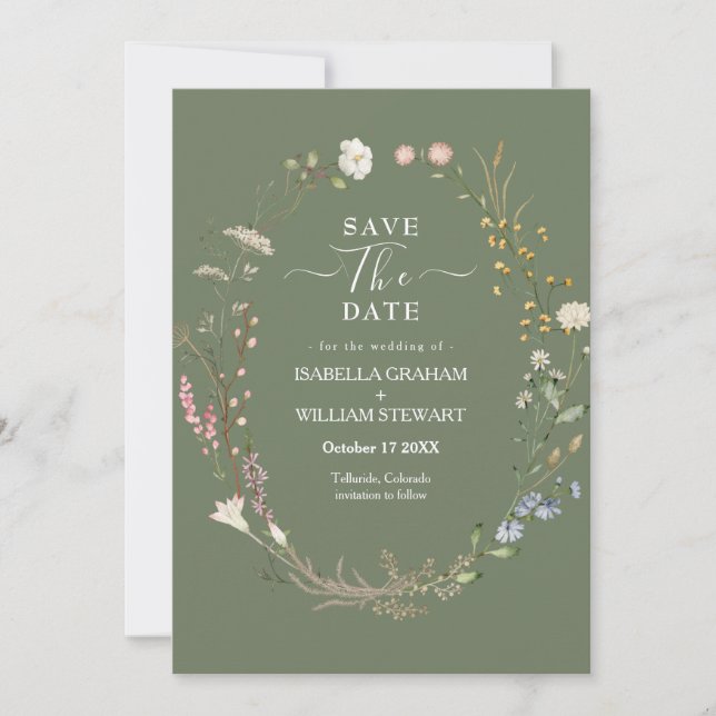 Convites Rustic Sage Green Boho Wildflower Salva A Data (Frente)
