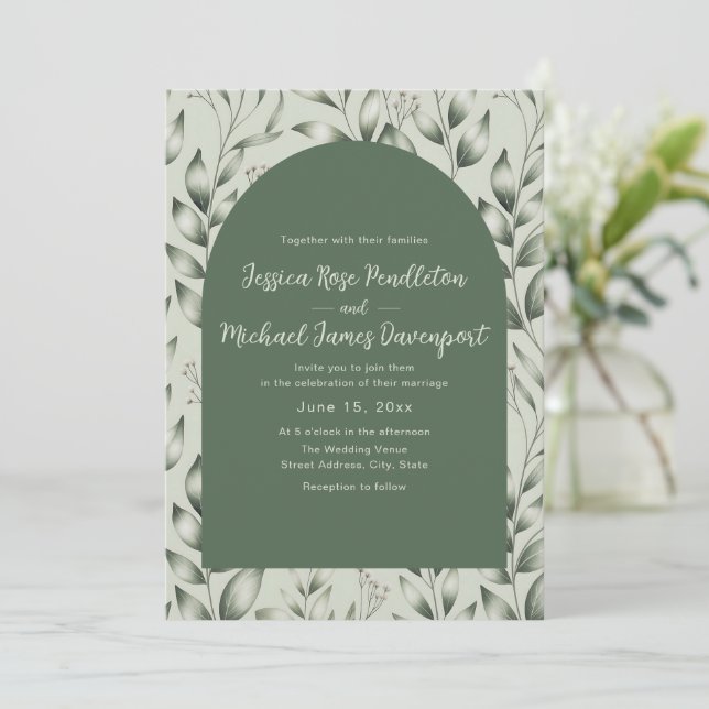Convites Rustic Sage Green Botanical Arch Photo Wedding (Em pé/Frente)