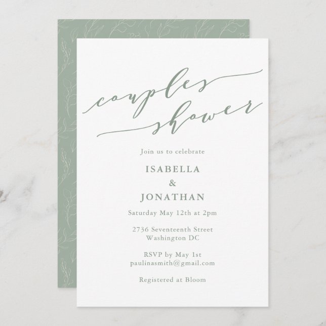Convites Rustic Sage Green Botanical Script Couples Shower (Frente/Verso)