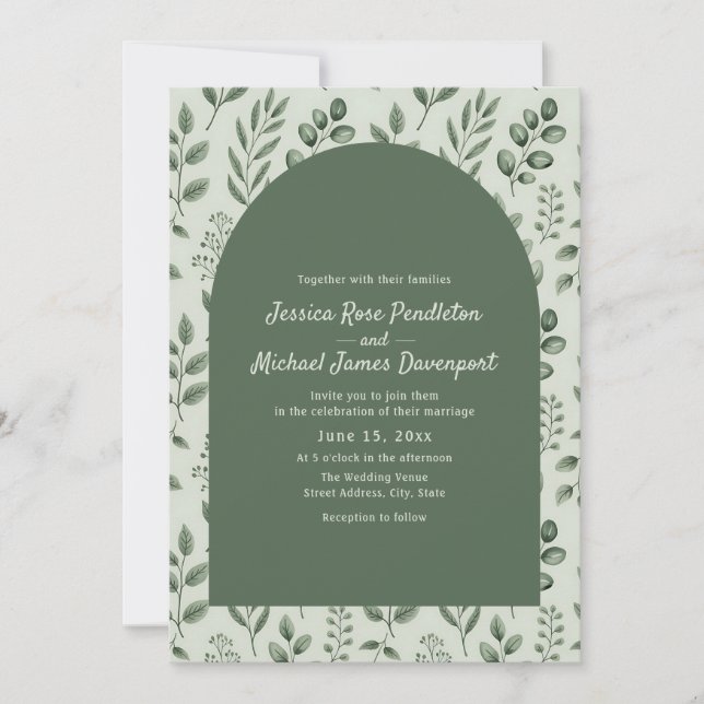 Convites Rustic Sage Green Leaves Arch Photo Wedding (Frente)