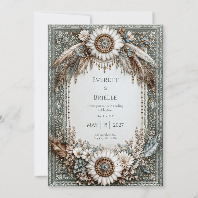 Convites Rustic Sage Green White Sunflower Feather Wedding (Frente)