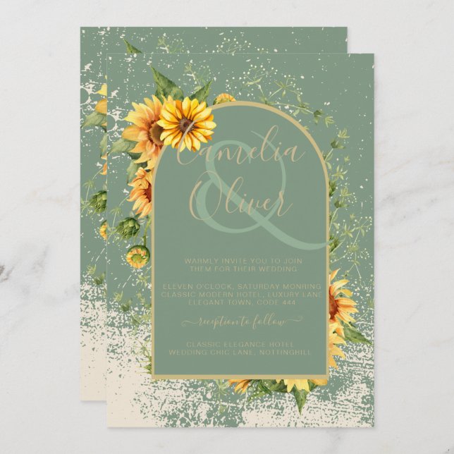 Convites Rustic Sage Green Yellow Sunflower Casamento Allin (Frente/Verso)