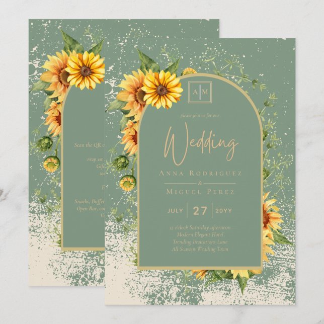 Convites Rustic Sage Green Yellow Sunflower Casamento Allin (Frente/Verso)