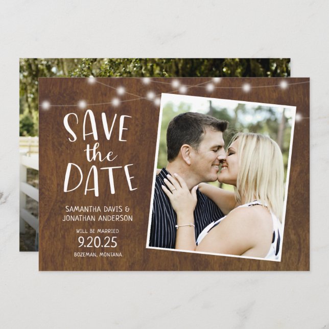 Convites Rustic Save the Date Country Lights Photo (Frente/Verso)