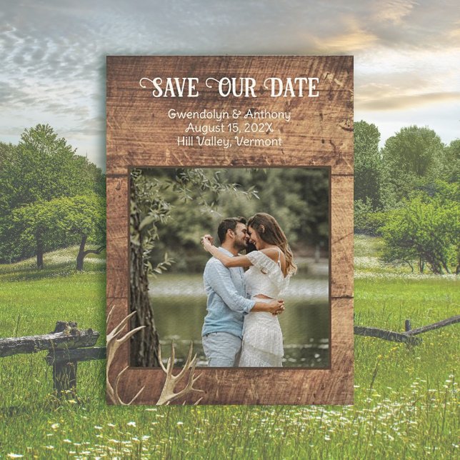 Convites Rustic Save the Dates Wood Antlers Modelo de Foto (Criador carregado)