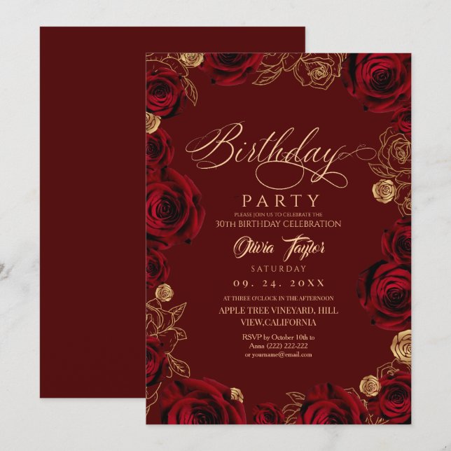 Convites Rustic Script Burgundy Rose Birthday  (Frente/Verso)