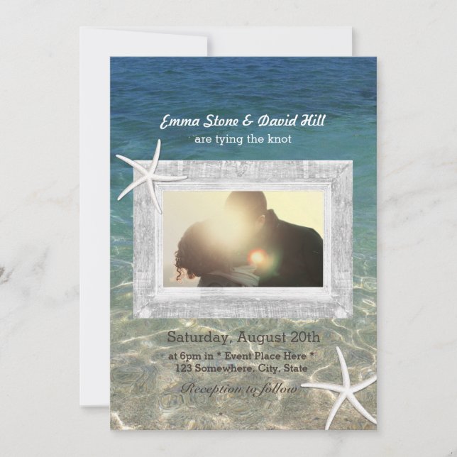 Convites Rustic Starfish Wood Frame Photo Beach Casamento (Frente)