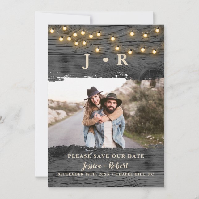 Convites Rustic String Lights Photo Save the Date Card (Frente)