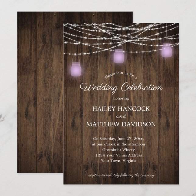 Convites Rustic String Lights Violet Mason Jars Wedding Inv (Frente/Verso)
