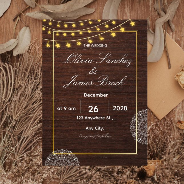 Convites Rustic String Lights Wood Wedding Invitation, Boho (Criador carregado)