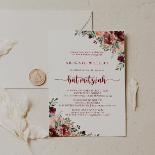 Convites Rustic Summer Floral Calliografia Bat Mitzvah