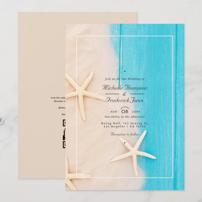 Convites Rustic Summer QR Code RSVP Beach Wedding (Frente/Verso)