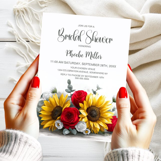 Convites Rustic Sunflower and Red Rose Floral Bridal Shower (Criador carregado)