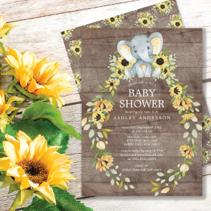 Convites Rustic Sunflower & Baby Elephant Baby Shower
