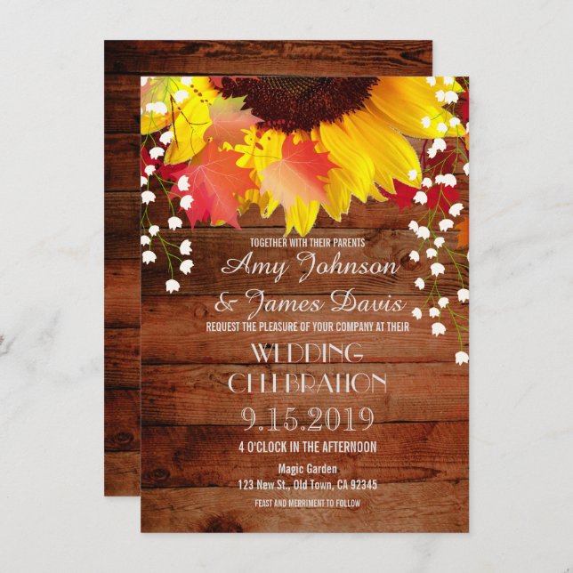 Convites Rustic Sunflower Barn Wood Casamento (Frente/Verso)