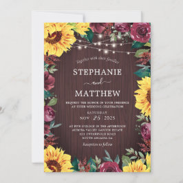 Convites Rustic Sunflower Burgundy Luz Casamento de Madeira