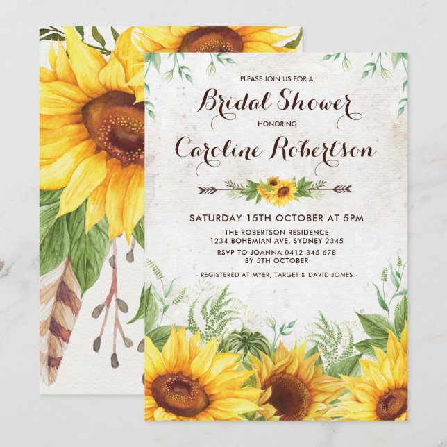 Convites Rustic Sunflower Chá de panela Floral Invite (Frente/Verso)