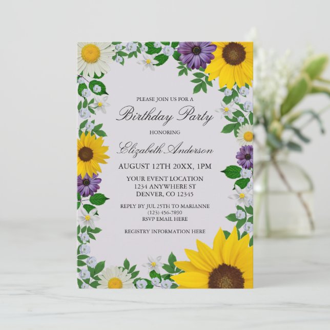 Convites Rustic Sunflower Daisy Floral Birthday (Em pé/Frente)