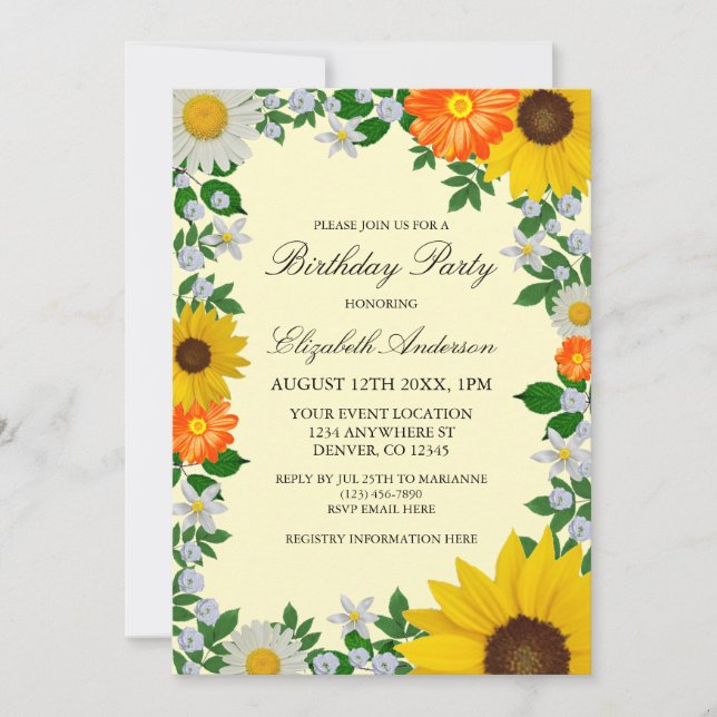 Convites Rustic Sunflower Daisy Floral Birthday (Frente)