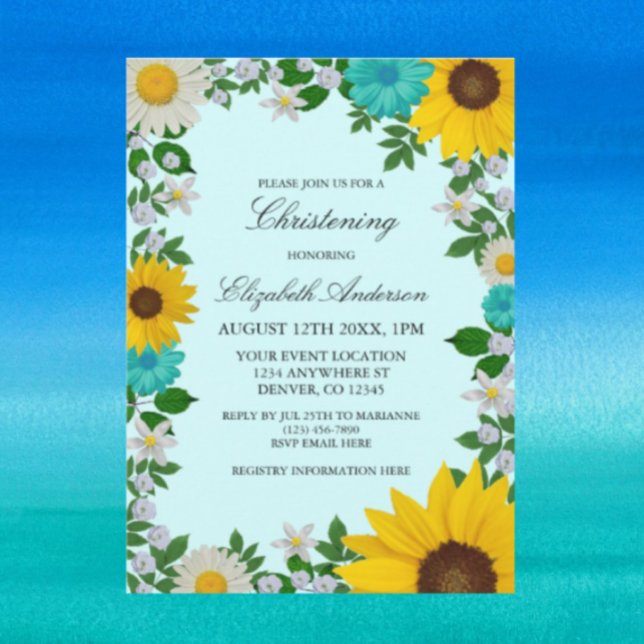 Convites Rustic Sunflower Daisy Floral Christening (Criador carregado)