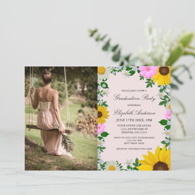 Convites Rustic Sunflower Daisy Floral Graduation Party (Em pé/Frente)