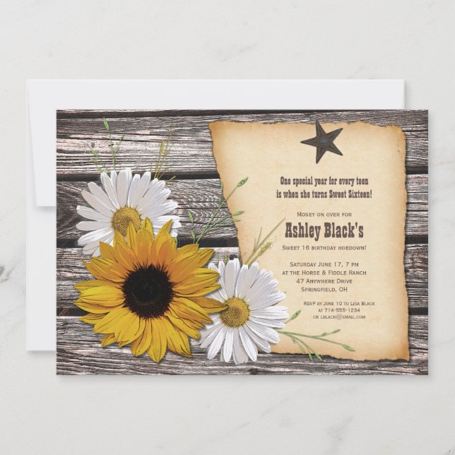 Convites Rustic Sunflower Daisy Sweet 16 Aniversário (Frente)