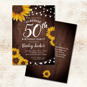 Convites Rustic Sunflower & Lights Surpreende 50º aniversár