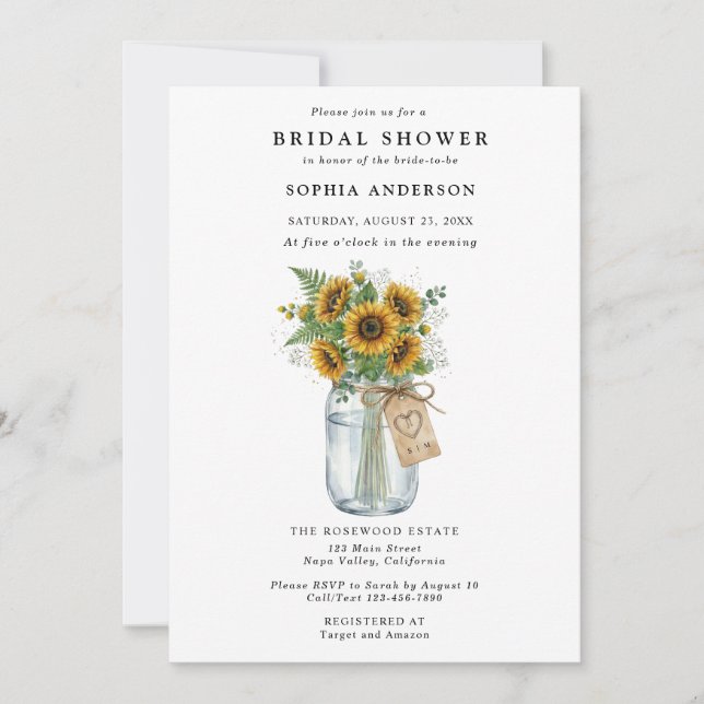 Convites Rustic Sunflower Mason Jar Bridal Shower (Frente)