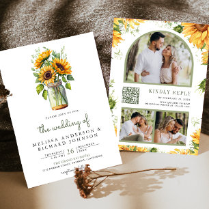 Convites Rustic Sunflower Mason Jar Código QR Casamento