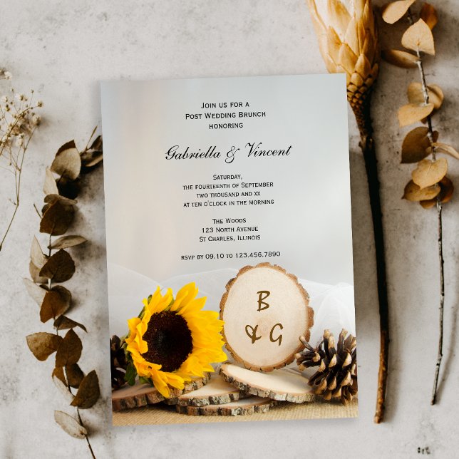 Convites Rustic Sunflower Natural Woods Posta Casamento Bru (Criador carregado)