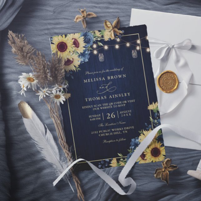 Convites Rustic Sunflower Navy Blue Wood QR Code Wedding (Criador carregado)