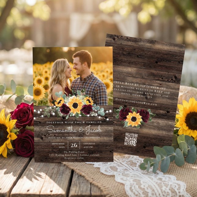Convites Rustic Sunflower QR Code RSVP Wedding (Criador carregado)