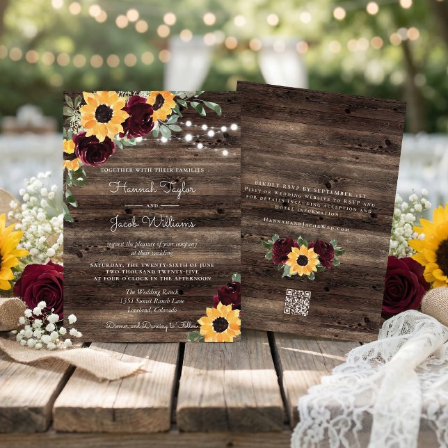 Convites Rustic Sunflower Roses Barn QR Code Wedding (Criador carregado)
