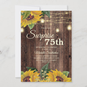 Convites Rustic Sunflower String Light Surprise 75th