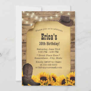Convites Rustic Sunflower String Lights Cowgirl Aniversário