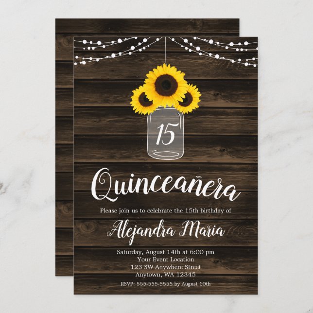Convites Rustic Sunflower String Luz Quinceanera Invites (Frente/Verso)