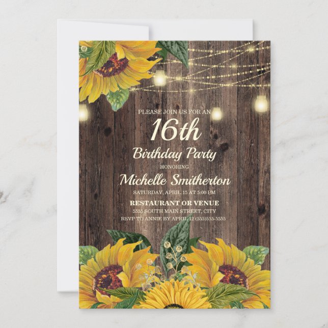Convites Rustic Sunflower String Luzes 16º Aniversário (Frente)