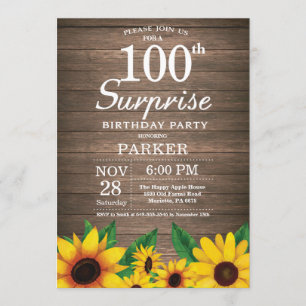 Convites Rustic Sunflower Surprise 100th Aniversário
