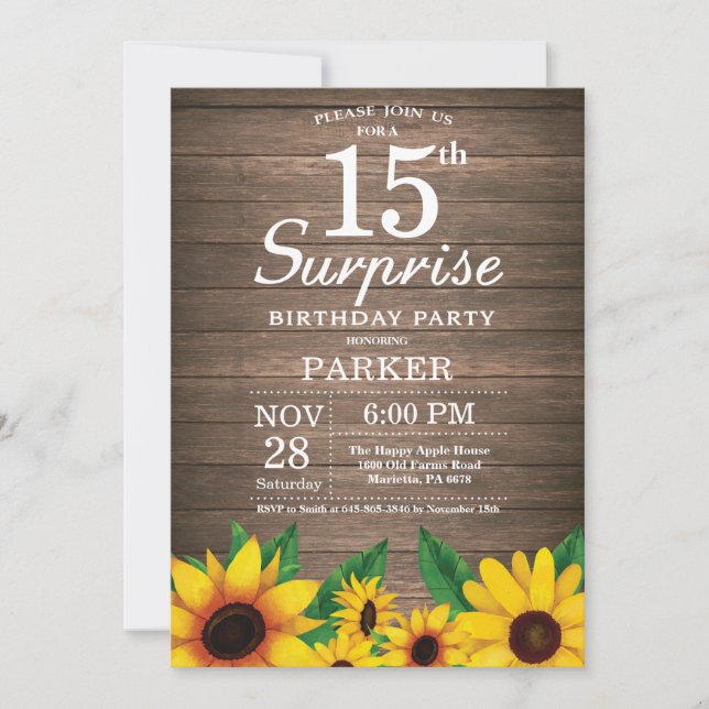 Convites Rustic Sunflower Surprise 15 de Aniversário (Frente)