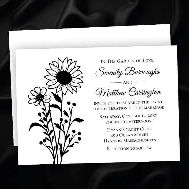 Convites Rustic Sunflower Weding Floral Black White (Criador carregado)