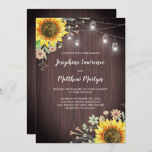 Convites Rustic Sunflower Wood Mason Jar Wedding (Frente/Verso)
