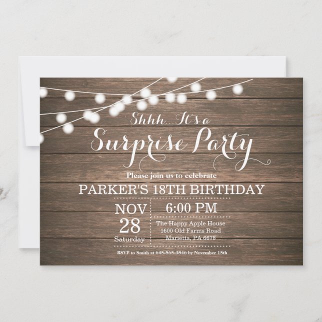Convites Rustic Surprise 18º Aniversário Invitation Wood (Frente)