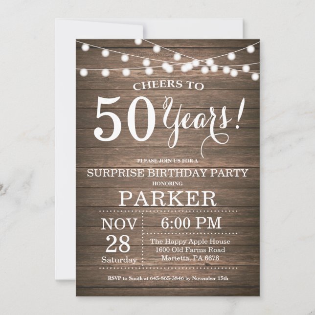 Convites Rustic Surprise 50th Birthday Invitation Wood (Frente)