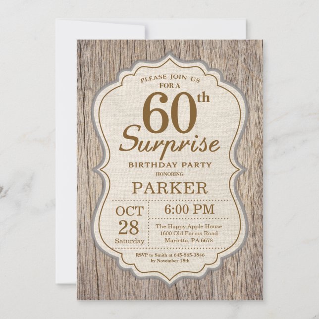 Convites Rustic Surprise 60th Aniversário Invitation Wood (Frente)